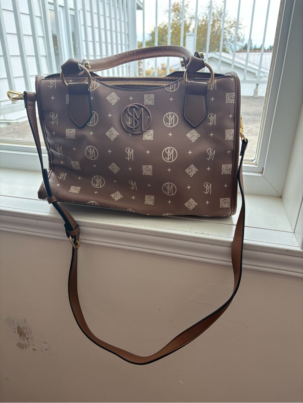 Monogram Brown Steve Madden Satchel Bag with Detachable Strap